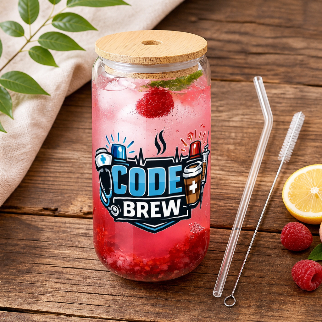 Code Brew 16oz Glass Can Tumbler – Funny Coffee Cup for Healthcare Workers